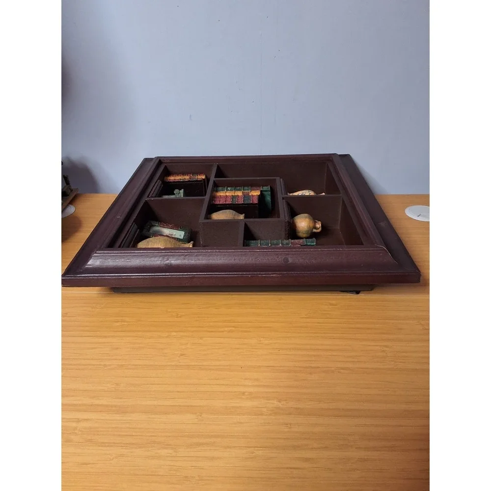 Vintage ‎ Wooden Open-Face Shadow Box Containing Books, Picture Frames And Jugs.